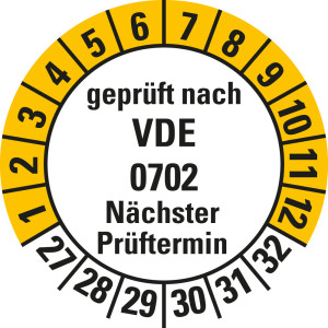 Prüfplakette geprüft nach VDE 0702 Nächster Prüftermin, 27 - 32, weiß-gelb, Standardfolie, Ø 20 mm, 10 St./Bogen
