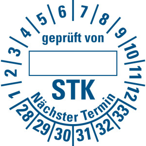 Prüfplakette STK geprüft von ... 28 - 33, weiß, Folie mit Spezialkleber, Ø 30mm, 10 St./Bogen