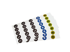 Sortimentsbogen: Leiterkennzeichen je 5 x L1, L2, L3, N und PE, Folie selbstklebend, Ø 12,5 mm, 25 St./Bogen