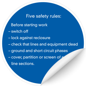 Hinweisschild Five safety rules: Before Starting work, blau, Folie selbstklebend, Ø 100 mm, 1 Stück