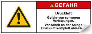 Produktsicherheitsschild: GEFAHR - Druckluft - Gefahr von schweren Verletzungen […], RoHS konform, Folie selbstklebend, 100 x 35 mm, 1 Stück
