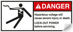 ANSI-Aufkleber: DANGER Hazardous voltage will cause severe injury or death [...], UL-anerkannt, ANSI Z535-4, Folie selbstklebend, 160 mm x 70 mm, 2