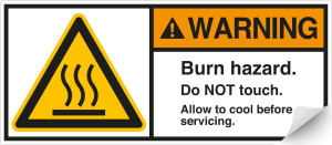 ANSI-Aufkleber: WARNING Burn hazard. Do not touch [...], UL-anerkannt, ANSI Z535-4, Folie selbstklebend, 160 mm x 70 mm, 2 St./Bogen