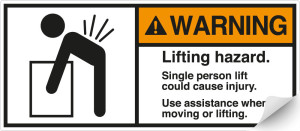 ANSI-Aufkleber: WARNING Lifting hazard. Single person lift could cause injury, UL-anerkannt, ANSI Z535-4, Folie selbstklebend, 160 mm x 70 mm, 2