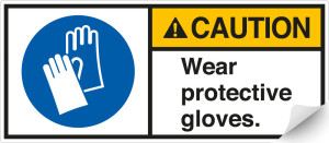 ANSI-Aufkleber: CAUTION Wear protective gloves, UL-anerkannt, ANSI Z535-4, Folie selbstklebend, 100 mm x 45 mm, 2 St./Bogen
