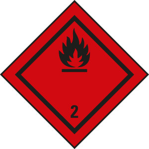 Verpackungskennzeichen: Klasse 2.1 - Entzündbare Gase, rot-schwarz, IMDG-Code, GGVSEB, ADR, IATA, seewasserbeständige Folie, 100 mm x 100 mm, 1 Stück