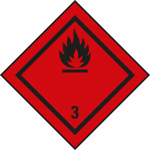 Verpackungskennzeichen: Klasse 3 - Entzündbare Flüssigkeiten, rot-schwarz, IMDG-Code, GGVSEB, ADR, IATA, seewasserbeständige Folie, 100 mm x 100 mm,