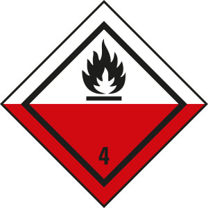 Verpackungskennzeichen: Klasse 4.2 - Selbstentzündliche Stoffe, rot-weiß, IMDG-Code, GGVSEB, ADR, IATA, seewasserbeständige Folie, 100 mm x 100 mm,