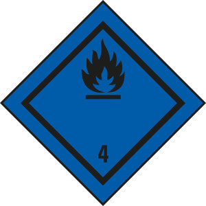 Verpackungskennzeichen: Klasse 4.3 - Entzündliche Feststoffe (wasseraktiv), blau-schwarz, IMDG-Code, GGVSEB, ADR, IATA, seewasserbeständige Folie, 100