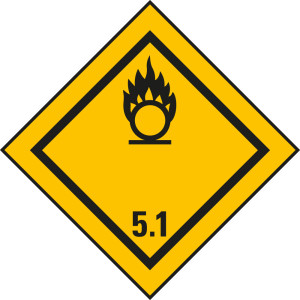 Verpackungskennzeichen: Klasse 5.1 - Entzündend (oxidierend) wirkende Stoffe, gelb-schwarz, IMDG-Code, GGVSEB, ADR, IATA, seewasserbeständige Folie,