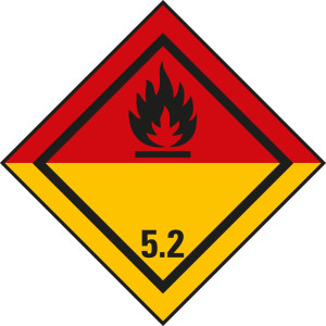 Verpackungskennzeichen: Klasse 5.2 - Organische Peroxide, gelb-rot, IMDG-Code, GGVSEB, ADR, IATA, seewasserbeständige Folie, 100 mm x 100 mm, 1 Stück