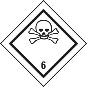 Verpackungskennzeichen: Klasse 6.1 - Giftig, weiß-schwarz, IMDG-Code, GGVSEB, ADR, IATA, seewasserbeständige Folie, 100 mm x 100 mm, 500 St./Rolle