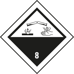 Verpackungskennzeichen: Klasse 8 - Ätzende Stoffe, gelb-weiß, IMDG-Code, GGVSEB, ADR, IATA, seewasserbeständige Folie, 100 mm x 100 mm, 1 Stück