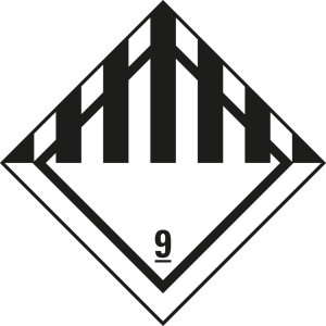Verpackungskennzeichen: Klasse 9 - Verschiedene gefährliche Stoffe, weiß-schwarz, IMDG-Code, GGVSEB, ADR, IATA, seewasserbeständige Folie, 100 mm x