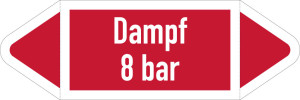 Rohrleitungsetikett: Dampf 8 bar, gemäß DIN 2403, rot-weiß, für Rohre mit Ø ab 90 mm, Stamndardfolie, 440 x 100 mm, 2 St./Bogen