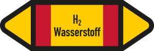Rohrleitungsetikett: H2 Wasserstoff, gemäß DIN 2403, gelb-schwarz-rot, für Rohre mit Ø ab 90 mm, Standardfolie, 440 x 100 mm, 2 St./Bogen