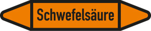 Rohrleitungsetikett: Schwefelsäure, gemäß DIN 2403, orange-schwarz, für Rohre mit Ø 40 - 60 mm, Standardfolie, 218 x 37 mm, 5 St./Bogen