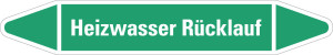 Rohrleitungsetikett: Heizwasser Rücklauf, grün-weiß, für Rohre mit Ø 60 - 90 mm, Standardfolie, 310 x 52 mm, 3 St./Bogen