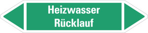 Rohrleitungsetikett: Heizwasser Rücklauf, grün-weiß, für Rohre mit Ø ab 90 mm, Standardfolie, 440 x 100 mm, 2 St./Bogen