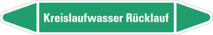 Rohrleitungsetikett: Kreislaufwasser Rücklauf, grün-weiß, für Rohre mit Ø 60 - 90 mm, Standardfolie, 310 x 52 mm, 3 St./Bogen