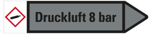 Rohrleitungsetikett: Druckluft 8 bar, Fließrichtung rechts, grau/schwarz, für Rohre mit Ø ab 90 mm, Standardfolie, 440 x 100 mm, 2 St./Bogen
