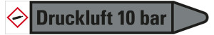 Rohrleitungsetikett: Druckluft 10 bar, Fließrichtung rechts, grau/schwarz, für Rohre mit Ø 60 - 90 mm, Standardfolie, 310 x 52 mm, 3 St./Bogen