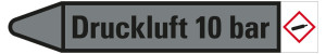 Rohrleitungsetikett: Druckluft 10 bar, Fließrichtung links, grau/schwarz, für Rohre mit Ø 60 - 90 mm, Standardfolie, 310 x 52 mm, 3 St./Bogen