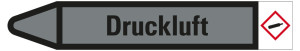 Rohrleitungsetikett: Druckluft, Fließrichtung links, grau/schwarz, für Rohre mit Ø 40 - 60 mm, Standardfolie, 218 x 37 mm, 5 St./Bogen