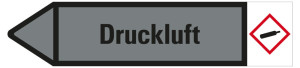 Rohrleitungsetikett: Druckluft, Fließrichtung links, grau/schwarz, für Rohre mit Ø ab 90 mm, Standardfolie, 440 x 100 mm, 2 St./Bogen