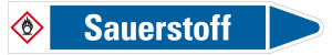 Rohrleitungsetikett: Sauerstoff, Fließrichtung rechts, blau/weiß, für Rohre mit Ø 60 - 90 mm, Standardfolie, 310 x 52 mm, 3 St./Bogen