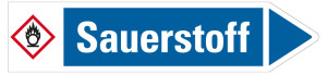 Rohrleitungsetikett: Sauerstoff, Fließrichtung rechts, blau/weiß, für Rohre mit Ø ab 90 mm, Standardfolie, 440 x 100 mm, 2 St./Bogen