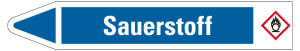 Rohrleitungsetikett: Sauerstoff, Fließrichtung links, blau/weiß, für Rohre mit Ø 25 - 40 mm, Standardfolie, 154 x 26 mm, 5 St./Bogen