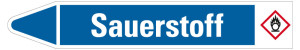 Rohrleitungsetikett: Sauerstoff, Fließrichtung links, blau/weiß, für Rohre mit Ø 60 - 90 mm, Standardfolie, 310 x 52 mm, 3 St./Bogen
