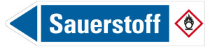 Rohrleitungsetikett: Sauerstoff, Fließrichtung links, blau/weiß, für Rohre mit Ø ab 90 mm, Standardfolie, 440 x 100 mm, 2 St./Bogen