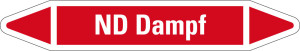 Rohrleitungsetikett: ND Dampf, rot-weiß, für Rohre mit Ø 25 - 40 mm, Standardfolie, 154 x 26 mm, 5 St./Bogen