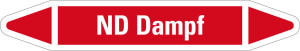 Rohrleitungsetikett: ND Dampf, rot-weiß, für Rohre mit Ø 40 - 60 mm, Standardfolie, 218 x 37 mm, 5 St./Bogen