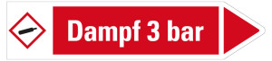 Rohrleitungsetikett: Dampf 3 bar, Fließrichtung rechts, rot/weiß, für Rohre mit Ø ab 90 mm, Standardfolie, 440 x 100 mm, 2 St./Bogen