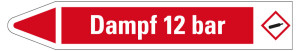 Rohrleitungsetikett: Dampf 12 bar, Fließrichtung links, rot/weiß, für Rohre mit Ø 25 - 40 mm, Standardfolie, 154 x 26 mm, 5 St./Bogen