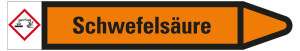 Rohrleitungsetikett: Schwefelsäure, Fließrichtung rechts, orange/schwarz, für Rohre mit Ø 40 - 60 mm, Standardfolie, 218 x 37 mm, 5 St./Bogen