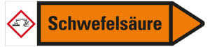 Rohrleitungsetikett: Schwefelsäure, Fließrichtung rechts, orange/schwarz, für Rohre mit Ø ab 90 mm, Standardfolie, 440 x 100 mm, 2 St./Bogen