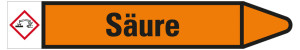 Rohrleitungsetikett: Säure, Fließrichtung rechts, orange/schwarz, für Rohre mit Ø 60 - 90 mm, Standardfolie, 310 x 52 mm, 3 St./Bogen