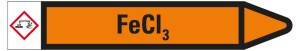 Rohrleitungsetikett: FeCI3, Fließrichtung rechts, orange/schwarz, für Rohre mit Ø 25 - 40 mm, Standardfolie, 154 x 26 mm, 5 St./Bogen