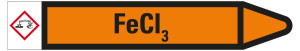 Rohrleitungsetikett: FeCI3, Fließrichtung rechts, orange/schwarz, für Rohre mit Ø 40 - 60 mm, Standardfolie, 218 x 37 mm, 5 St./Bogen