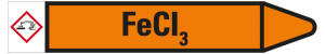Rohrleitungsetikett: FeCI3, Fließrichtung rechts, orange/schwarz, für Rohre mit Ø 60 - 90 mm, Standardfolie, 310 x 52 mm, 3 St./Bogen