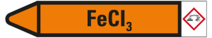 Rohrleitungsetikett: FeCI3, Fließrichtung links, orange/schwarz, für Rohre mit Ø 15 - 25 mm, Standardfolie, 96 x 17 mm, 8 St./Bogen