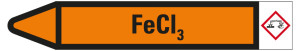 Rohrleitungsetikett: FeCI3, Fließrichtung links, orange/schwarz, für Rohre mit Ø 25 - 40 mm, Standardfolie, 154 x 26 mm, 5 St./Bogen