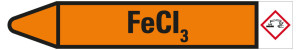 Rohrleitungsetikett: FeCI3, Fließrichtung links, orange/schwarz, für Rohre mit Ø 60 - 90 mm, Standardfolie, 310 x 52 mm, 3 St./Bogen