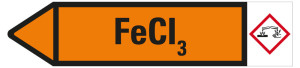 Rohrleitungsetikett: FeCI3, Fließrichtung links, orange/schwarz, für Rohre mit Ø ab 90 mm, Standardfolie, 440 x 100 mm, 2 St./Bogen