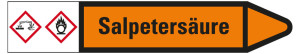 Rohrleitungsetikett: Salpetersäure, Fließrichtung rechts, orange/schwarz, für Rohre mit Ø 15 - 25 mm, Standardfolie, 96 x 17 mm, 8 St./Bogen