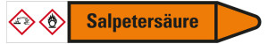 Rohrleitungsetikett: Salpetersäure, Fließrichtung rechts, orange/schwarz, für Rohre mit Ø 60 - 90 mm, Standardfolie, 310 x 52 mm, 3 St./Bogen